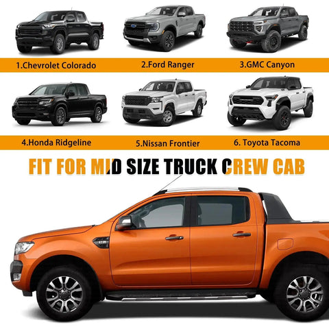 Illustration of trucks compatible with Cab Roof Cover For Mid Size Truck Crew Cab Sunshade With Reflective Warnings