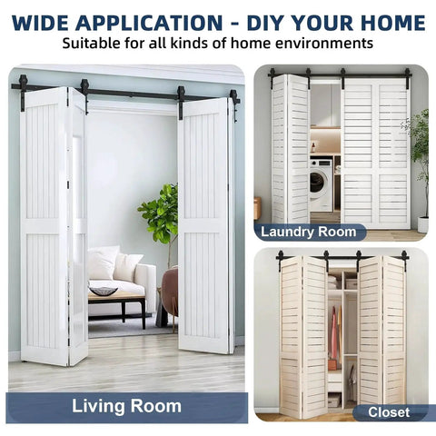 60 Inch Bi Folding Sliding Barn Door Hardware Kit For Four Bifold Doors Heavy Duty Black Steel installed in living room, laundry, closet