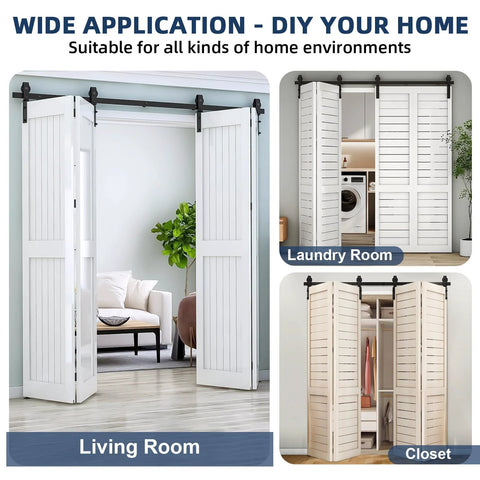 Beefed Up Bi Folding Sliding Barn Door Hardware Kit For Four Doors, 14 Inch Bifold Track System installed in living and laundry rooms