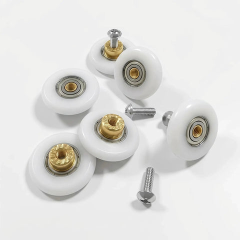 25Mm 304 Stainless Steel Shower Door Rollers For Sliding Doors Replacement Wheel Set With POM Bearings Durable Bathroom Track Wheels Smooth Quiet Operation Includes 6 Pieces Ideal For Glass And Metal Shower Enclosures And Retrofit Projects image showing six white wheels with brass cores and screws on a white background.