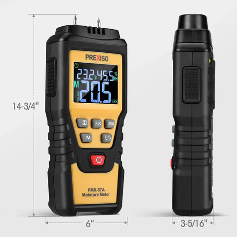 Front and side view of 7 In 1 Digital Wood Moisture Meter For Firewood And Woodworking Pin Type Tester For Walls Drywall Paper Floor Dampness Meter And Water Leak Detector For DIY Home Use