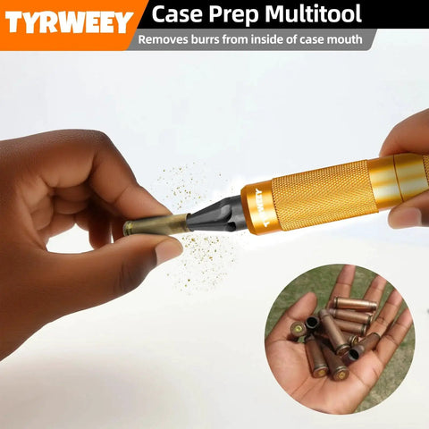 Person using Case Prep Multitool For Reloading TYRWEEY Case Chamfer Deburring Tools With Double Ended Storage Handle