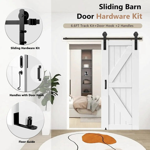 Sliding Barn Door Hardware Kit 6.6 Ft Heavy Duty for Smooth Quiet Operation installed with handles and floor guide