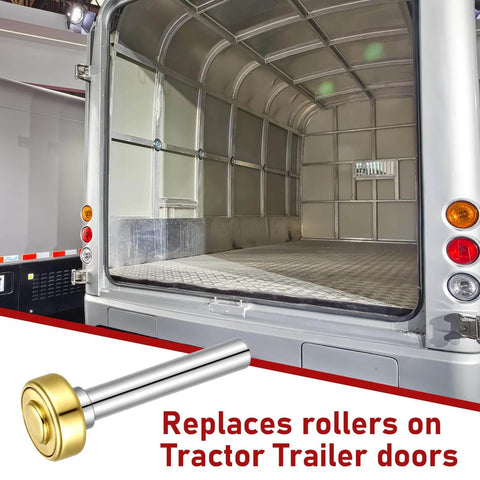 12 Pack Heavy Duty Garage Door Rollers Wheels For One Inch Truck And Trailer Doors Track Replacement Set Seven Sixteenth Inch Diameter Two And Three Quarter Inch Long Rod Steel Roller Wheels Built To Withstand High Impact And Corrosion with image of a tractor trailer door open and roller displayed.