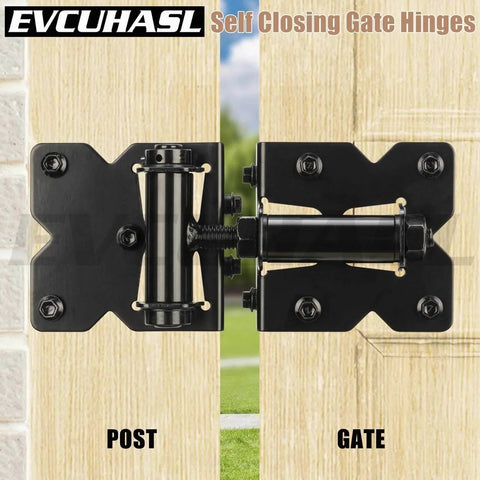 Heavy Duty Gate Hinges For Vinyl And Wooden Fence Gates Self Closing With 90 Degree Adjustable Operation Black coated hinge on gate