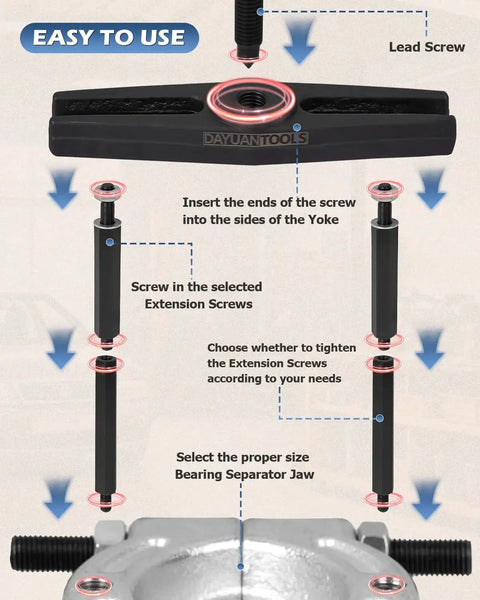 Instructions for assembling Heavy Duty Bearing Separator Puller Set with 5 ton capacity, showing insertion of lead and extension screws.