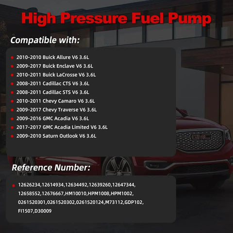 Compatibility chart for Beefed Up High Pressure Fuel Pump For 3.6L V6 GM Vehicles with car in background.