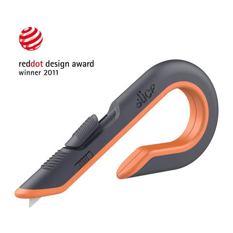 Side view of 3 Position Box Cutter With Ceramic Zirconia Blade And Locking Blade, featuring ergonomic gray and orange design.
