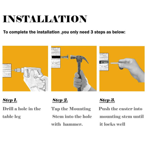 Installation guide for Swivel Stem Ball Caster Wheel Set for Furniture with socket mount in three steps