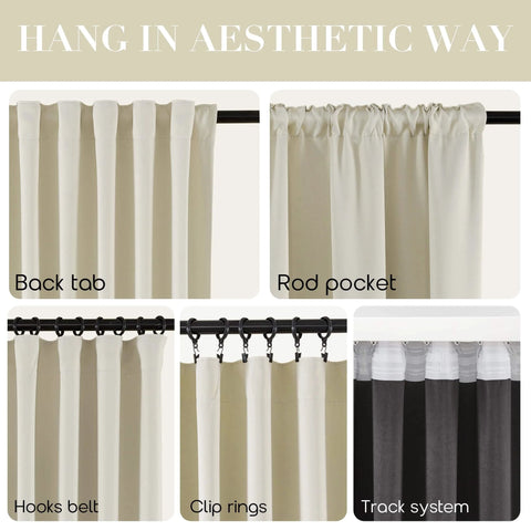 Different hanging styles of 102 Inch Track Curtain Set With Ceiling Mount, Two Panels, Beige Blackout Drapes, showing back tab, rod pocket, hooks, clips.