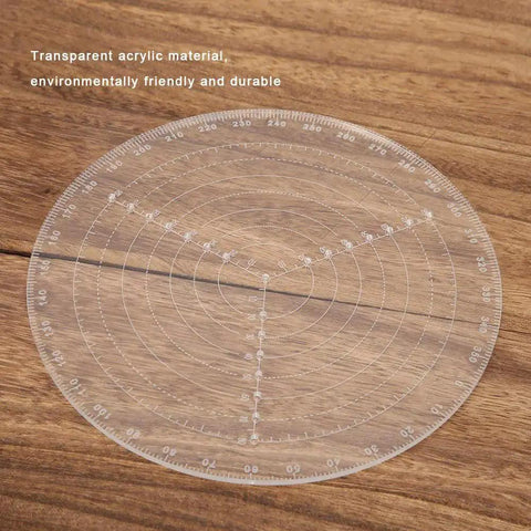 Round Center Finder Compass 7.87 Inch Transparent Acrylic Wood Turning Tool on wooden surface