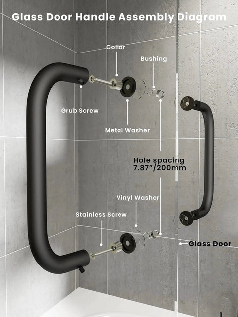 8 Inch Center-To-Center Shower Door Handle 304 Stainless Steel Back-To-Back Glass Pull assembly diagram on glass door