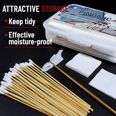 Gun Cleaning Kit With 300 Patches And 200 Cotton Swabs In Storage Box, showcasing storage box with swabs and patches on display