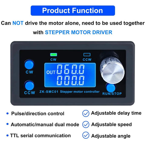 CNC Stepper Motor Controller with LCD Display, 128 Microstep Resolution, displaying functions and operation modes.