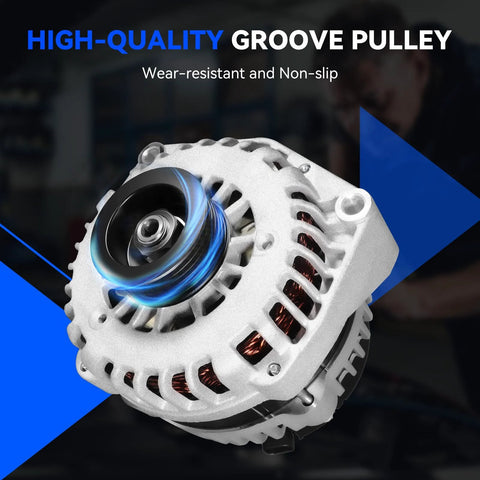 Beefy 160 Amp Alternator Replacement For 2007 To 2014 GM Trucks And SUVs Including CNC aluminum housing close-up view.