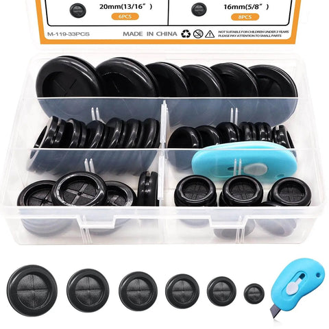 33-Piece Rubber Grommet Kit With Retractable Box Knife, 6 Sizes Round Gaskets And Hole Plugs For Cable Wire Protection, Includes 5/8 Inch 13/16 Inch 7/8 Inch 1 Inch 1-3/16 Inch 1-1/2 Inch M-119-33PCS