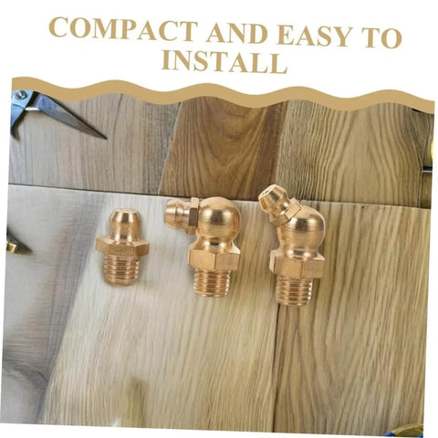 9 Piece Copper Threaded Grease Fittings Kit With Straight And Angled Nipples For Cars And Excavators on wooden surface