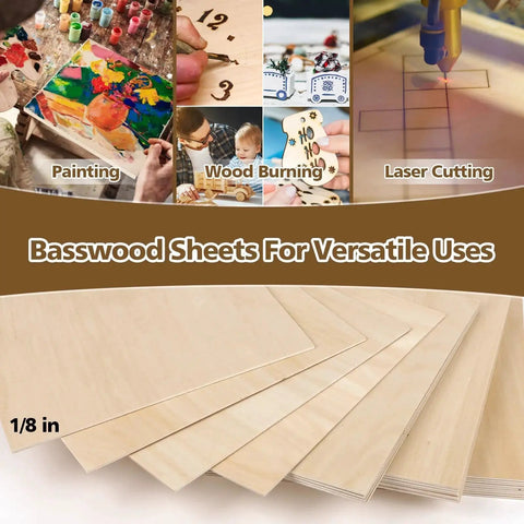 Basswood Sheets Set 48 Pcs 12 By 12 Inch Unfinished Wood Boards 1.5mm Thick For DIYers And Crafters, shown with painting, wood burning, laser cutting.