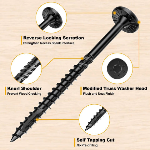 Close-up view of Size 14 x 3 Inch Wood Structural Lag Screws, 54 Pack, showcasing features like reverse serration and truss washer head.