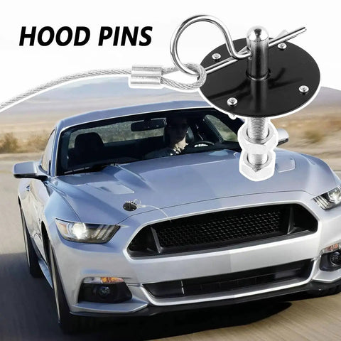 Close-up of Stainless Steel Hood Pin Lock Clip With Racing Lanyard installed on a car hood for beefed up fixing and reducing shake.