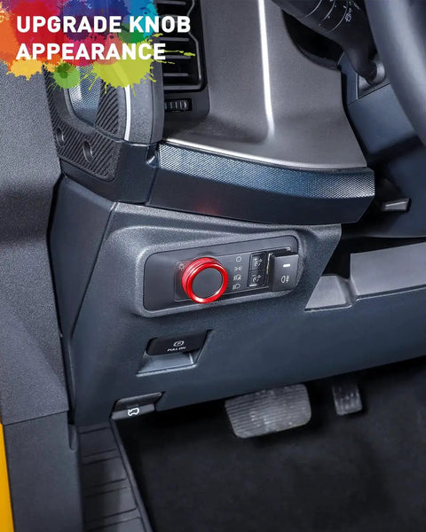 Installed Ford Bronco Billet Aluminum Knob Trim Set Red Bezel for Headlight 4WD HVAC Radio on vehicle dashboard.
