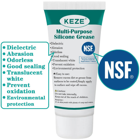 KEZE multi-purpose silicone grease tube with NSF badge; teal and white packaging, silicone lubricant for rubber seals.