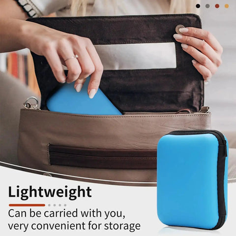 Woman placing blue leather sewing kit in handbag, showcasing Pro Grade Beefed Up Leather Sewing Kit For Hand Stitching with storage.
