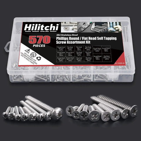 570 Piece Stainless Steel Self Tapping Screw Kit With Phillips Flat And Round Head Screws In 304 Stainless Steel Organized In A Handy Plastic Case For Quick Woodworking Metal Projects Repairs And DIY Tasks Hilitchi
