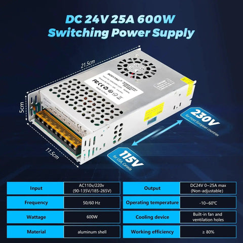 Plug And Play 24V 600W DC Switching Power Supply AC 110V To 24V SMPS for LED Strips CCTV Security Systems And 3D Printers, front view
