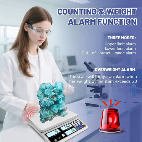 Scientist using heavy duty counting scale for small parts 30kg 66lb capacity, 1g precision, with weight alarm in laboratory.