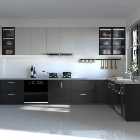 Modern kitchen featuring black and white cabinets with sleek design; open shelves and stainless steel appliances.