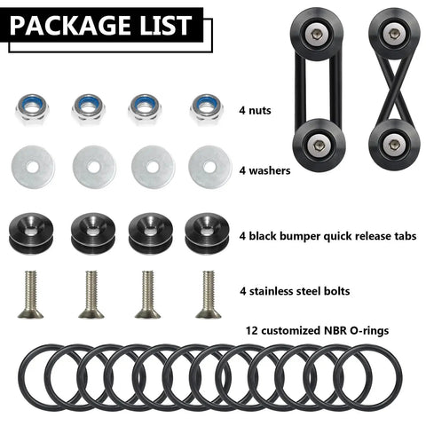 Universal Front And Rear Bumper Quick Release Kit With 4 Tabs And 12 O Rings, includes washers, bolts, and O-rings