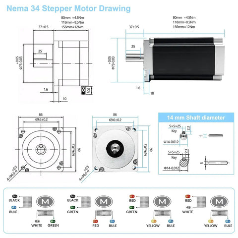 Technical diagram of Nema 34 stepper motor showing dimensions and wiring, part of Beefed Up 3 Axis CNC Controller Kit With Nema 34 86mm Stepper Motors 4.5Nm Torque 640OzIn 2 Phase 6A Drivers Heavy Duty 400W 60V Power Supply Mach3 Ready Control Card For CNC Router Engraving.