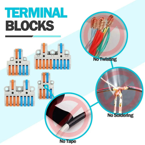 Workhorse 4 Pack 2 In 8 Out DIN Rail Terminal Blocks With 8 Removable Rail Clips shown with no twisting, soldering, tape needed.