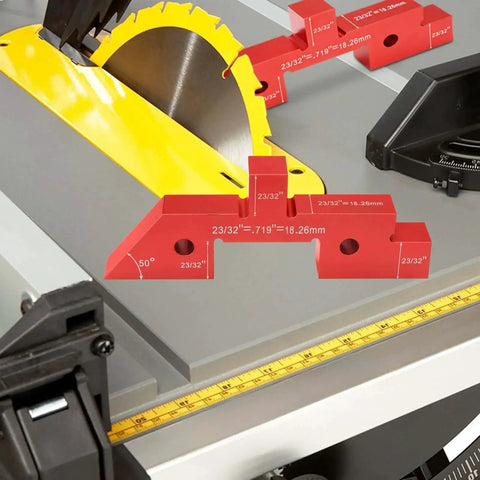 Table Setup Blocks for Woodworking, 14pc Aluminum Alloy Precision Bar Kit for Height, Depth, Angle, and Fence Alignment in use on a saw table.