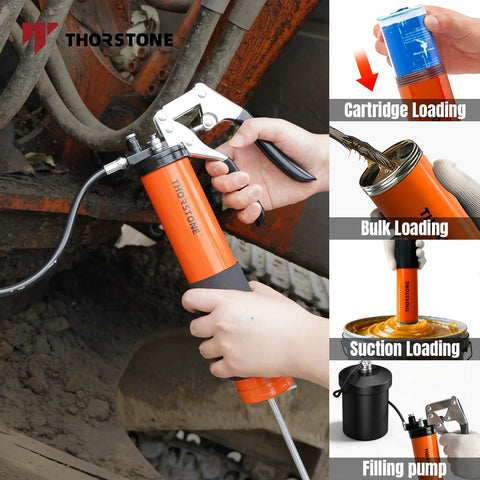 Thorstone grease gun kit: orange pistol grip, 14oz capacity, 18in spring flex hose, in use on equipment.