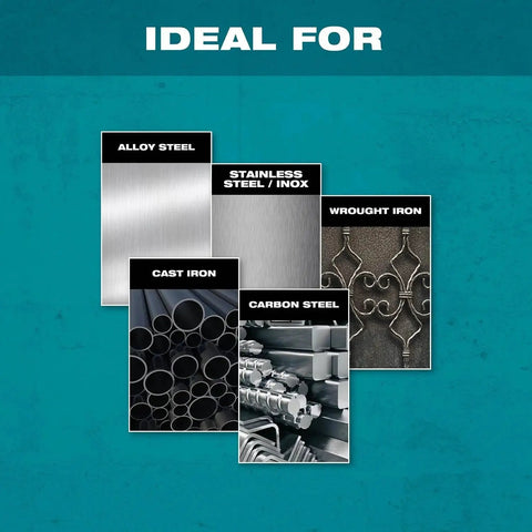 Image showing Alloy Steel, Stainless Steel, Wrought Iron, Cast Iron, and Carbon Steel materials ideal for X-Lock Quick Change Four And One Half Inch Thin Cut Off Wheel 60 Grit Aluminum Oxide For Metal And Stainless Steel Cutting Up To 5X Faster Wheel Changes With Tool Free Release Seven Eighths Inch Arbor Makita Compatible.