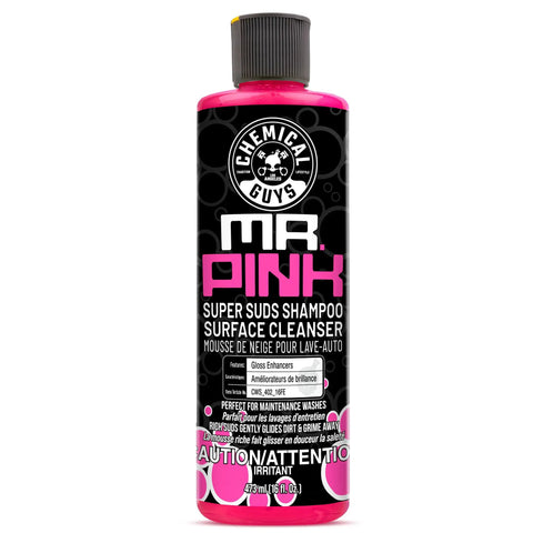 Mr Pink Foaming Car Wash Soap For Foam Cannons And Buckets Candy Scent Safe For Cars Trucks Motorcycles RVs And More 473 Ml Chemical Guys bottle side view.