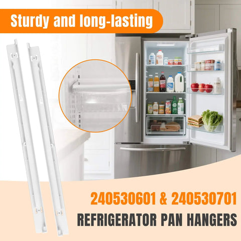 Refrigerator Pan Hanger Set Left 240530601 & Right 240530701 with open fridge background