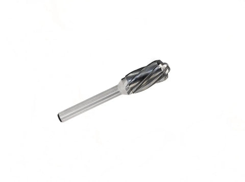 Close-up of a single burr from the Aluma Cut Carbide Rotary Burrs Set 5 Piece One Quarter Inch Shank Heavy Duty For Die Grinder And Drill Aluminum Metal Carving Polishing Engraving Drilling 92 HRC Single Cut For Fast Stock Removal