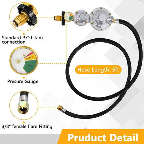 Image of Two Stage Propane Regulator With Five Foot Hose And Gauge POL Tank Connection Three Eighths Inch Female Flare Fitting details