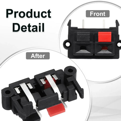 Front and back view of 2 Way Spring Terminal Clip Push Release Connector Plate Jack Socket For Speakers, Red Black Polarity Coding, 37x26x20mm.