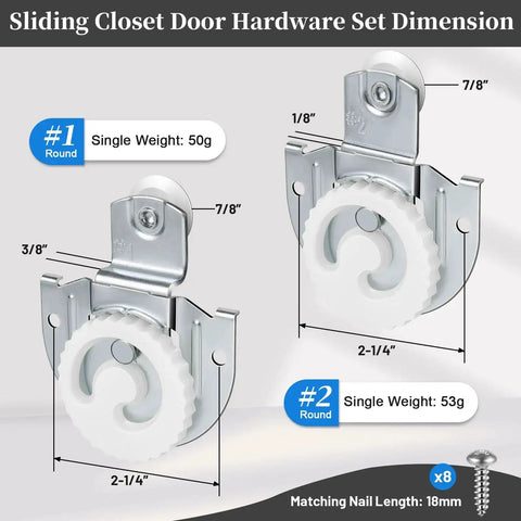 Sliding Closet Door Hardware Set 4 Pack Includes All Necessary Rollers Knobs Screws And Adjustable Hooks For Two Wood Doors Durable Galvanized Steel Construction With Round Recess Finger Pulls And Dual Floor Guide For Smooth Operation, showing roller dimensions and single weight.