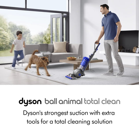 Dyson Ball Animal Total Clean upright vacuum, corded, blue and silver, cleaning living room rug