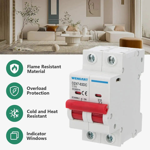 DC Miniature Circuit Breaker DZ47 63Z 500V 2 Poles 50A For Battery And Solar PV DC Systems in a home setting with features listed