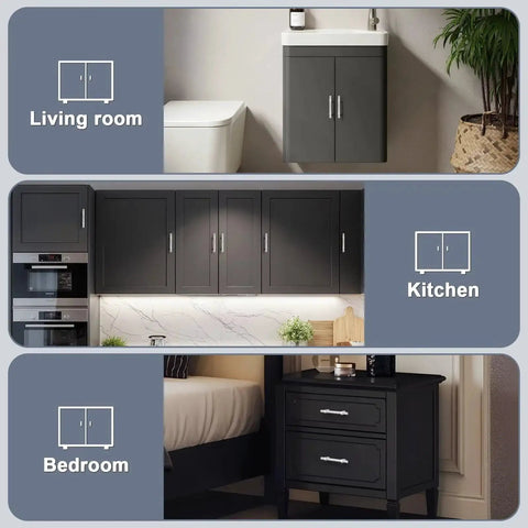 Black cabinets and drawers in living room, kitchen, and bedroom settings with 5 Pack 3 Inch Brushed Nickel Cabinet Pulls Stainless Steel T Bar Handles.