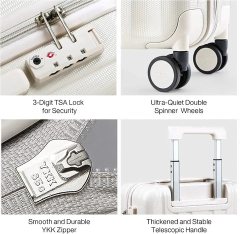 Close-ups of TSA lock, double spinner wheels, YKK zipper, and telescopic handle on Underseat Carry On Luggage With Wheels 16 Inch Hard Shell Weekender Suitcase Travel Approved Lightweight Ivory White For Women And Men Fits Under Airline Seats Durable Design Easy Glide Wheels Great Holiday Gift Idea.