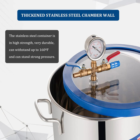 9 Gallon tempered glass vacuum chamber lid with pressure gauge, brass fittings, blue gasket on stainless steel pot
