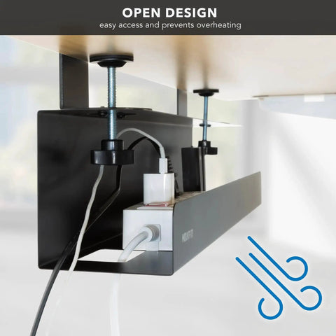 Under Desk Cable Management Tray Clamp-On No-Drill Metal Organizer for cords, installed under wooden desk with power strip.