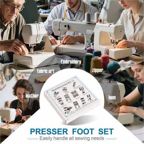 Collage showing sewers with sewing machines and a central box of Qeykizy 11‑pc presser foot kit for low‑shank machines (rolled hem, zipper feet).